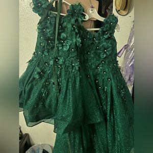 Hunter Green Floral Sequin Off Shoulder One short and one long dress